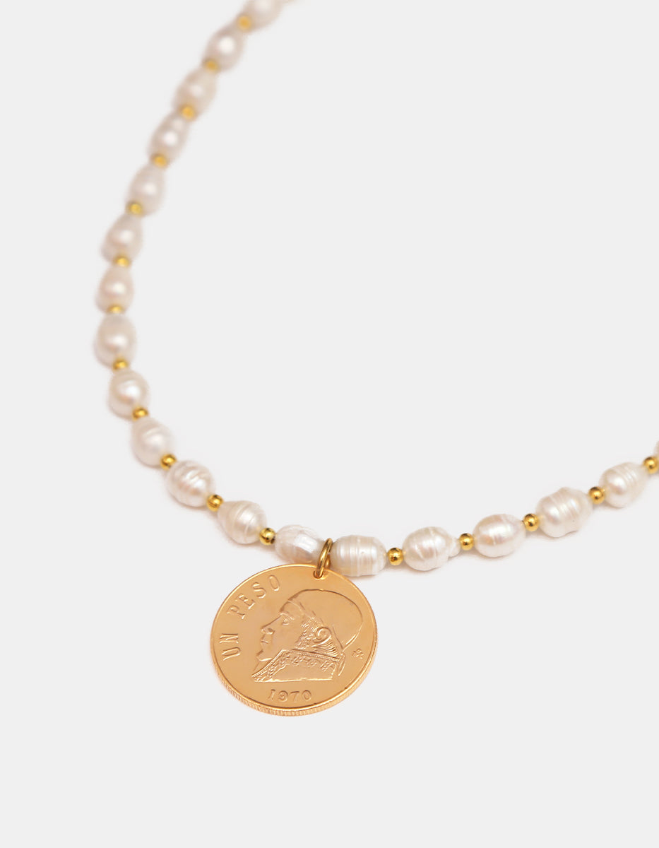 Collar perla japonesa & moneda auténtica Memorias