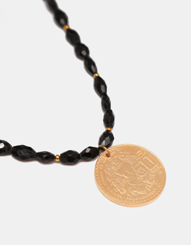 Collar un hilo ágatas negras & dije de moneda auténtica Memorias