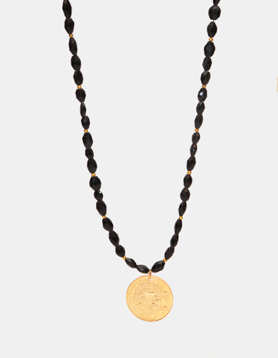 Collar un hilo ágatas negras & dije de moneda auténtica Memorias