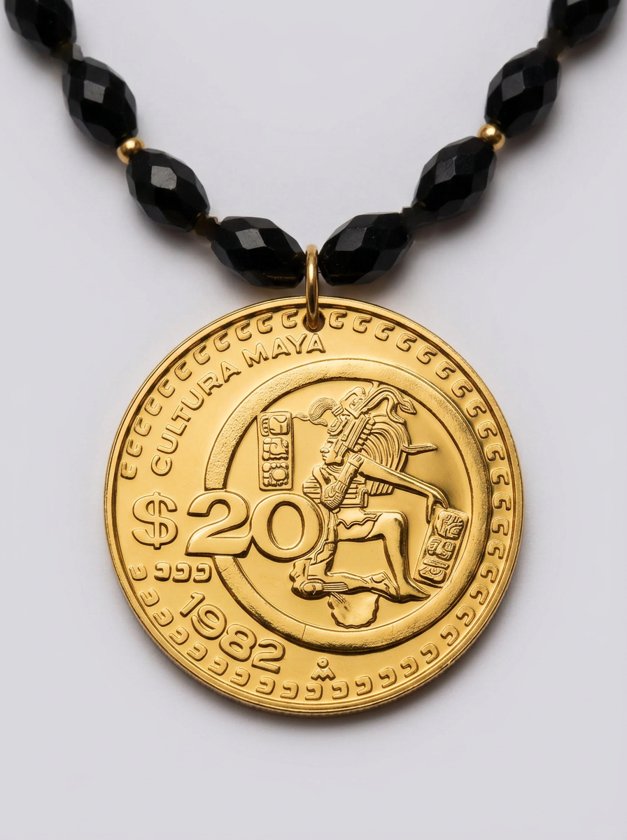 Collar un hilo ágatas negras & dije de moneda auténtica Memorias