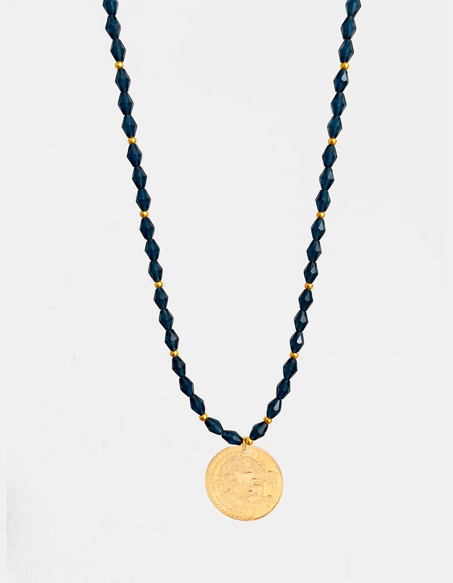 Collar un hilo ágatas negras & dije de moneda auténtica Memorias
