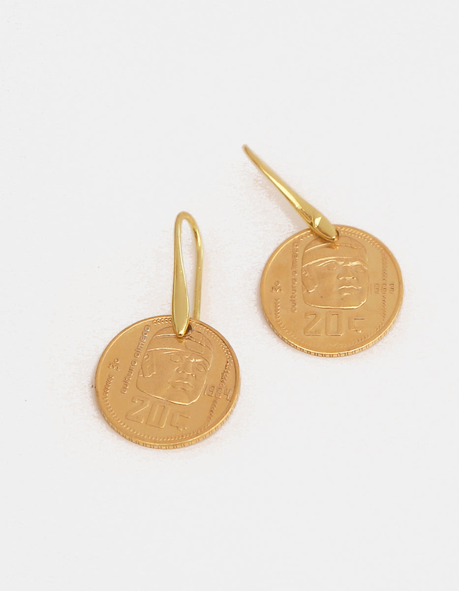 Aretes con moneda vintage olmeca baño oro 22kt Memorias