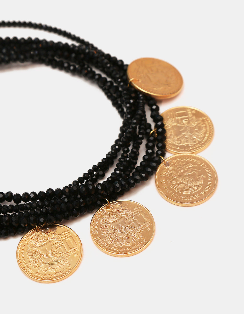 Collar de 7 hilos con cristal austriaco y 5 monedas vintage en baño de oro de 22kt Memorias