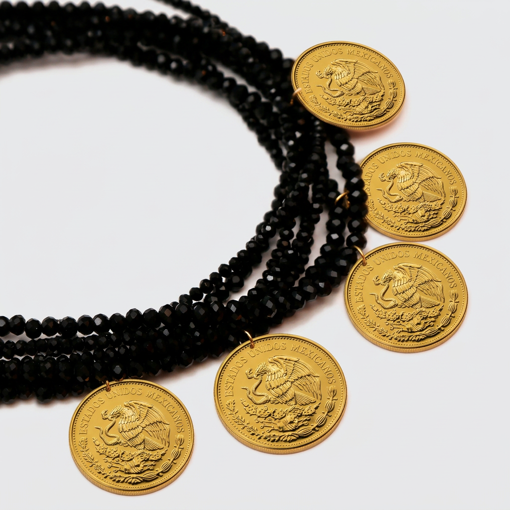 Collar de 7 hilos con cristal austriaco y 5 monedas vintage en baño de oro de 22kt Memorias
