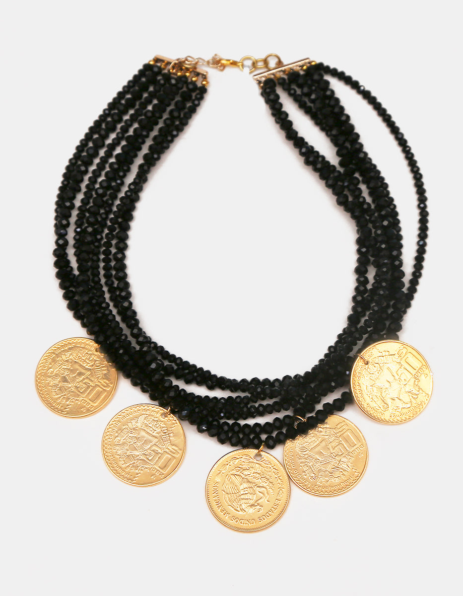 Collar de 7 hilos con cristal austriaco y 5 monedas vintage en baño de oro de 22kt Memorias