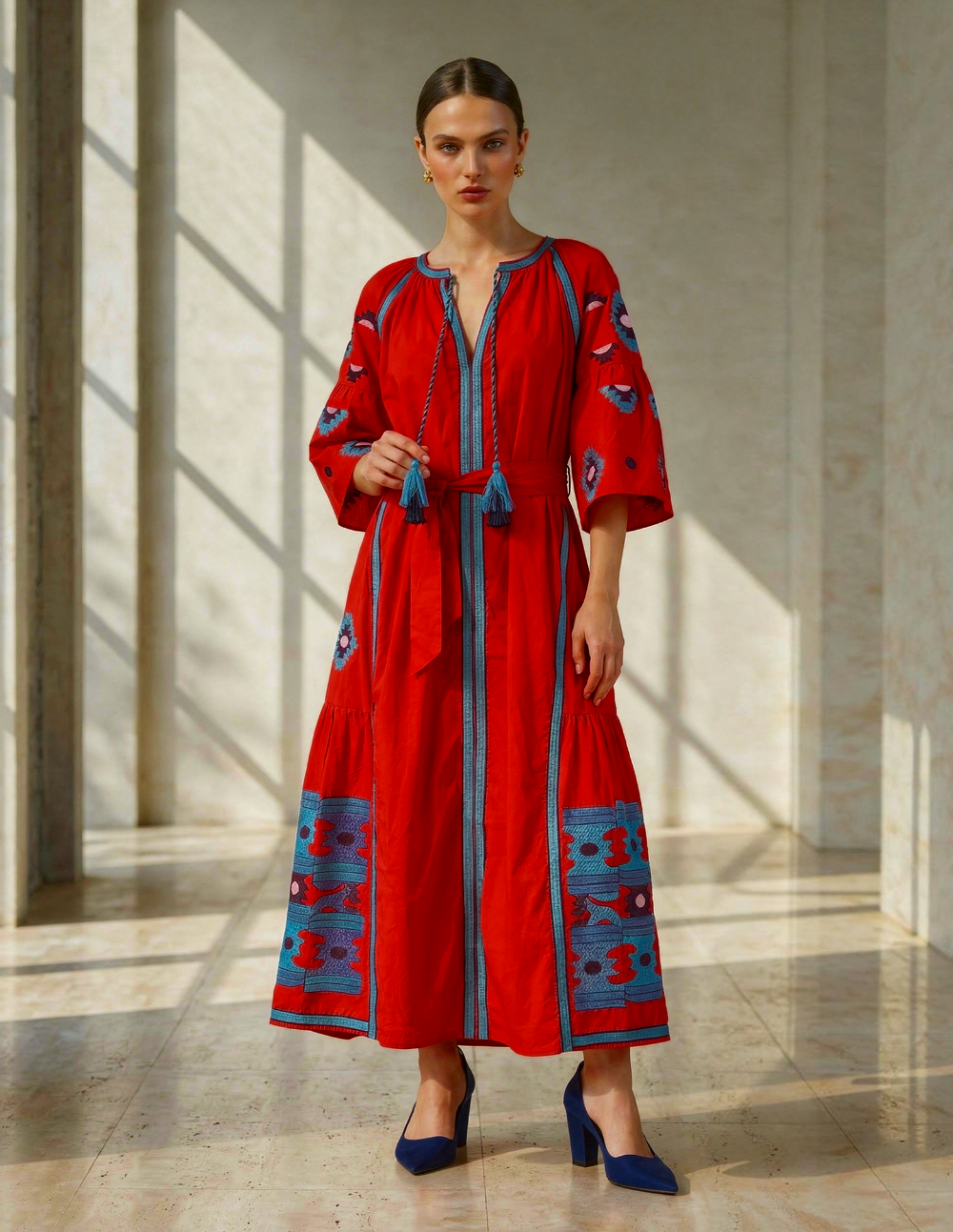 VESTIDO MIDI ROJO ESTAMPADOS ESTILO NAVAJO MANDRAGORA