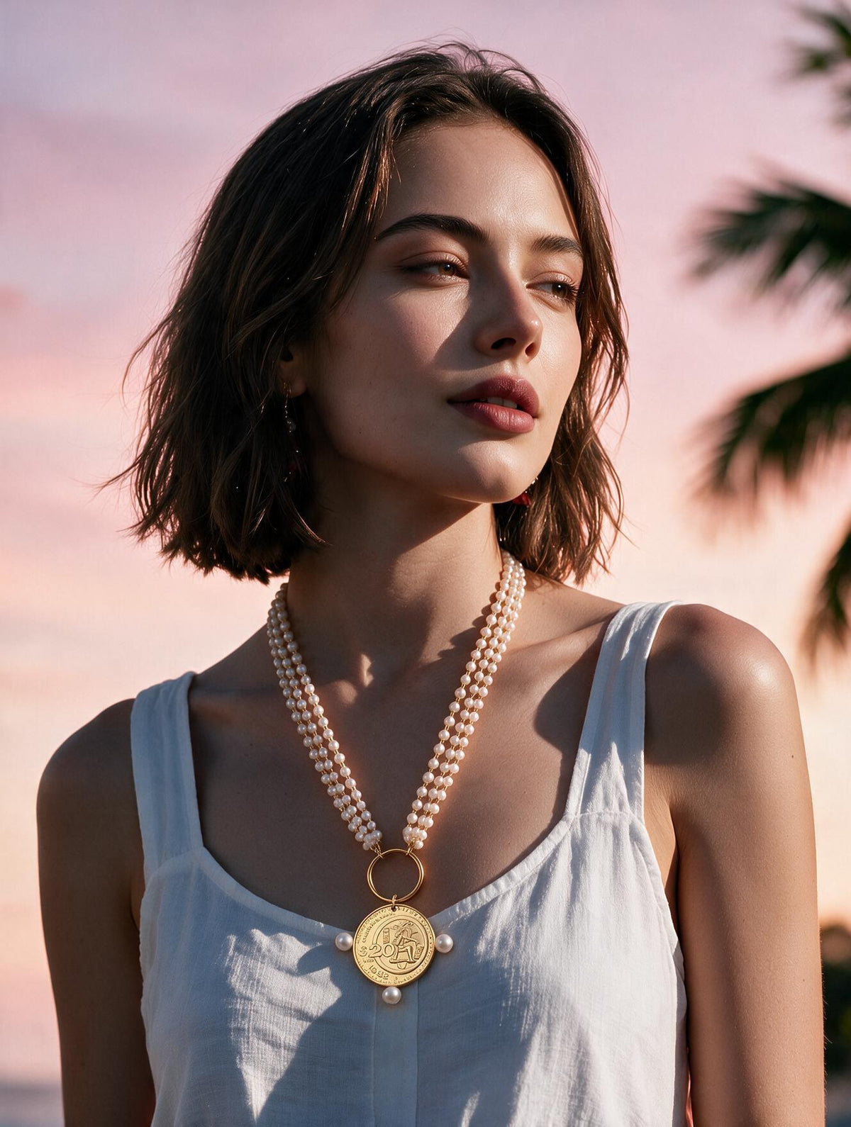 Collar de Perlas Mabe Tejidas con Moneda Cultura Maya 20 Pesos en Baño de Oro de 22kt