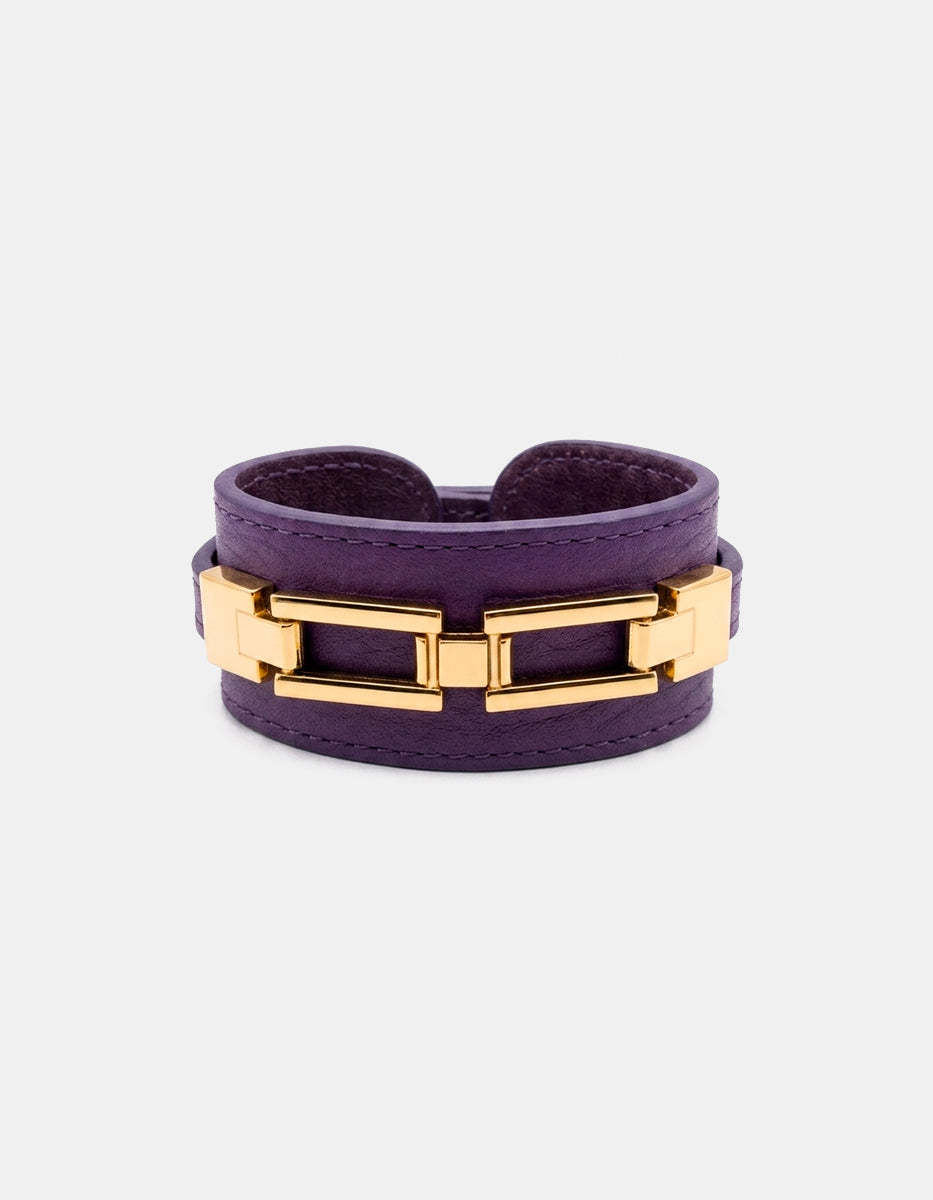 Pulsera de cuero púrpura con detalles en baño de oro