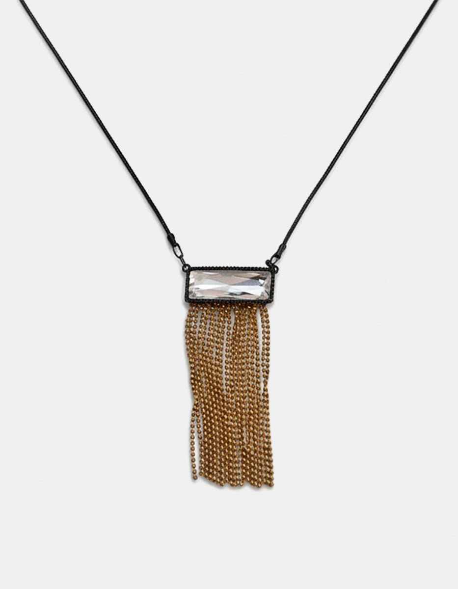 Collar rectangular con cristal de roca y flecos dorados