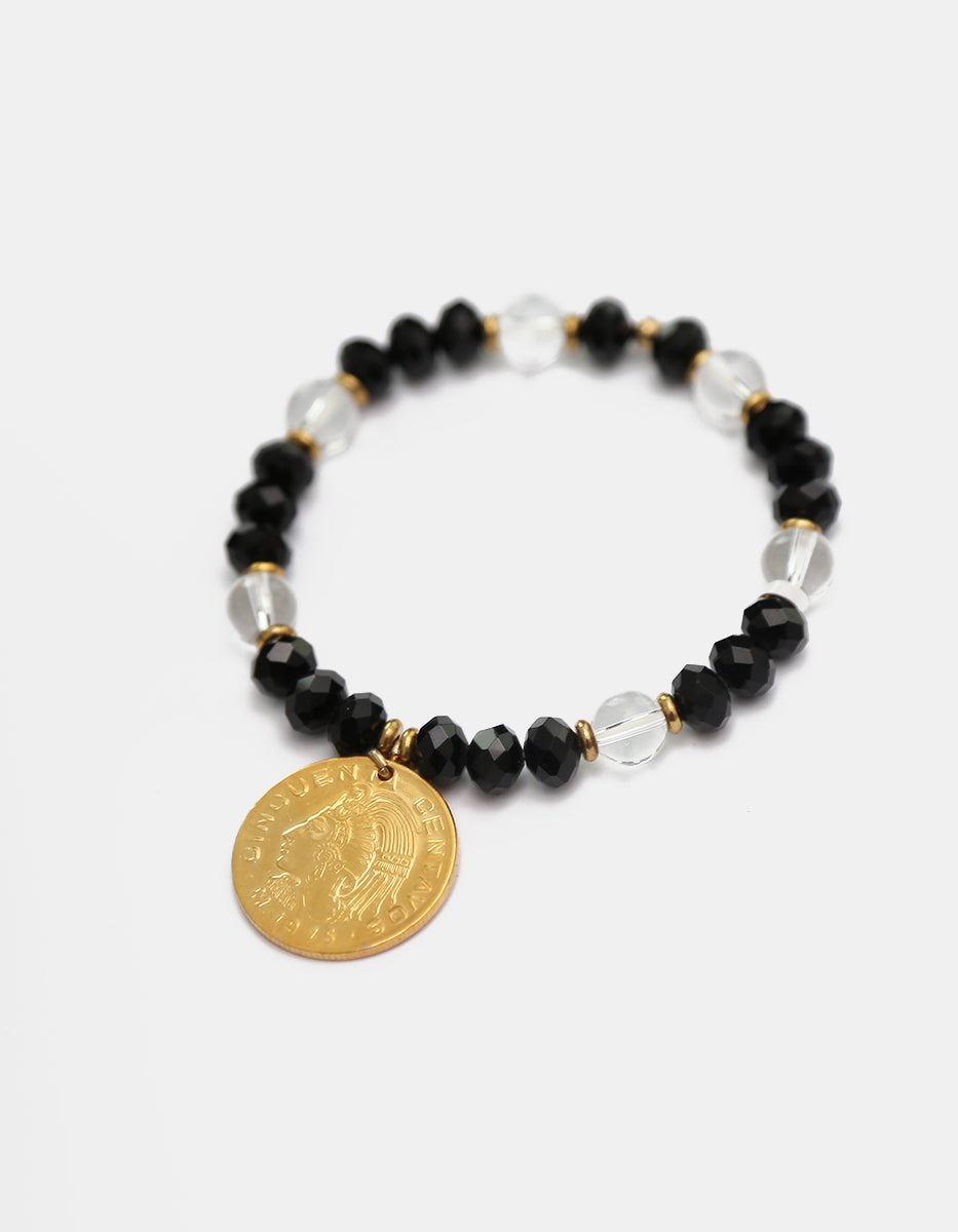 Pulsera de bronce en baño de oro 22 kt con cristales y dije de moneda