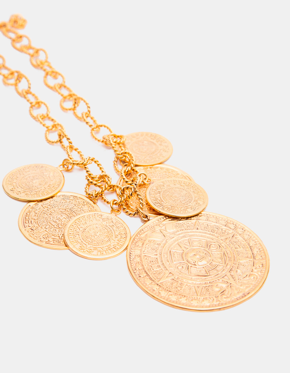 Collar de bronce con baño de oro 22k y siete dijes con grabado azteca