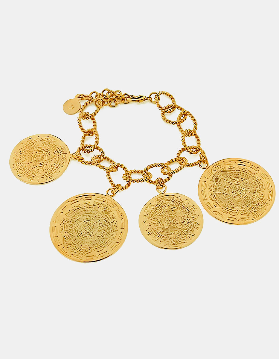 Pulsera de bronce con baño de oro 22k y cuatro dijes con grabado azteca