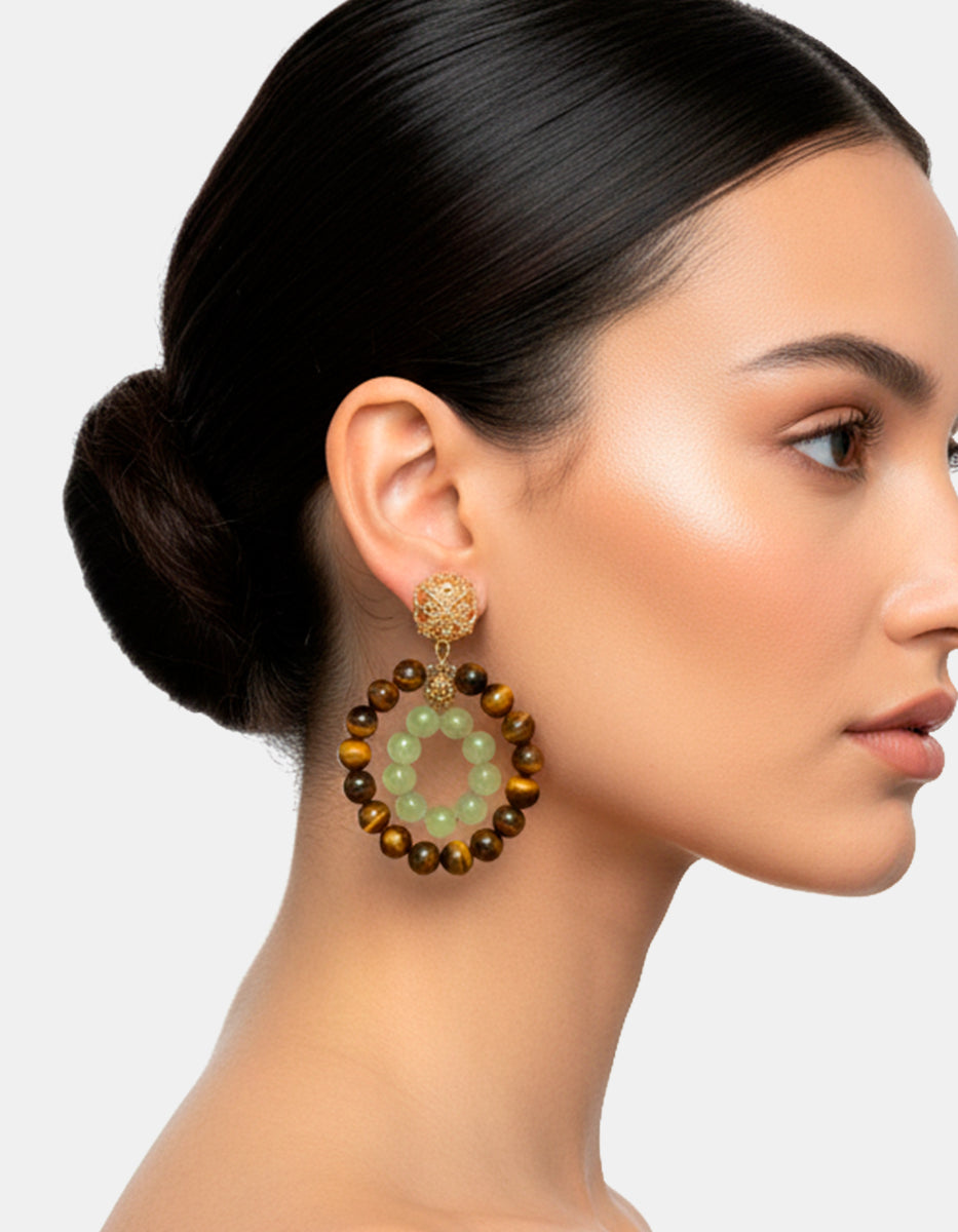 Aretes de Bronce con Baño de Oro 22kt y Cuentas Ojo de Tigre By Daniel