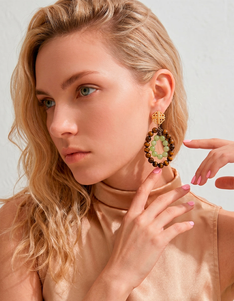 Aretes de Bronce con Baño de Oro 22kt y Cuentas Ojo de Tigre By Daniel