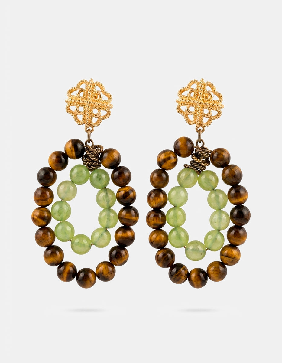 Aretes de Bronce con Baño de Oro 22kt y Cuentas Ojo de Tigre By Daniel
