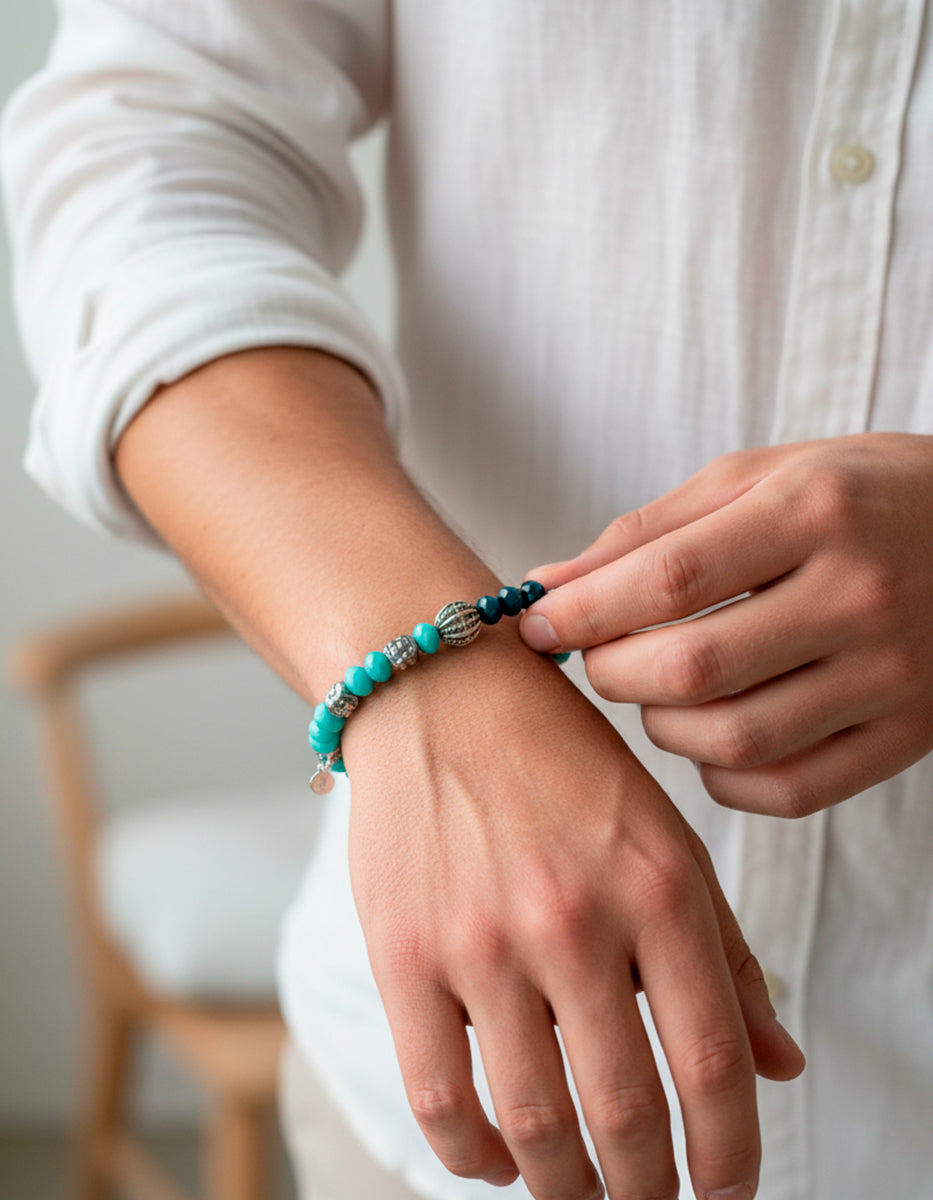 Pulsera de bronce en baño de rodio con cristal austriaco turquesa y azul aqua Nordic
