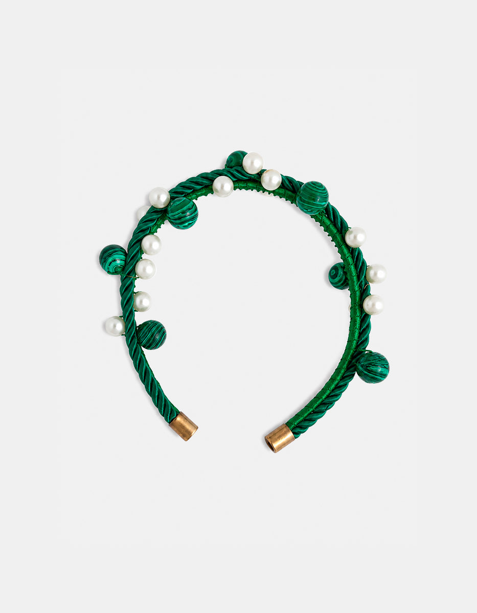 Diadema de Bronce con Baño Oro 22K, Perla Mabe y Malaquita