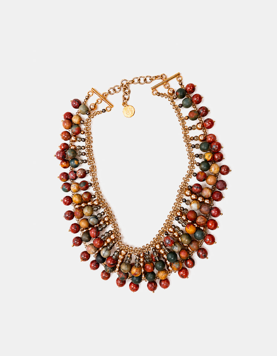 Collar de bronce en baño de oro 22k con jaspe unakita