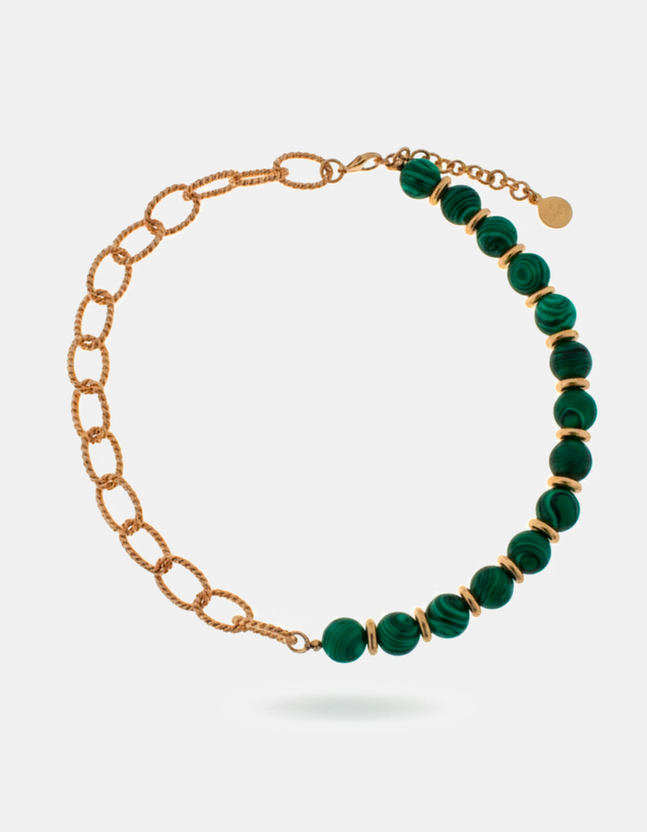 Collar de Bronce con Baño de Oro 22kt y Piedra Malaquita Verde By Daniel