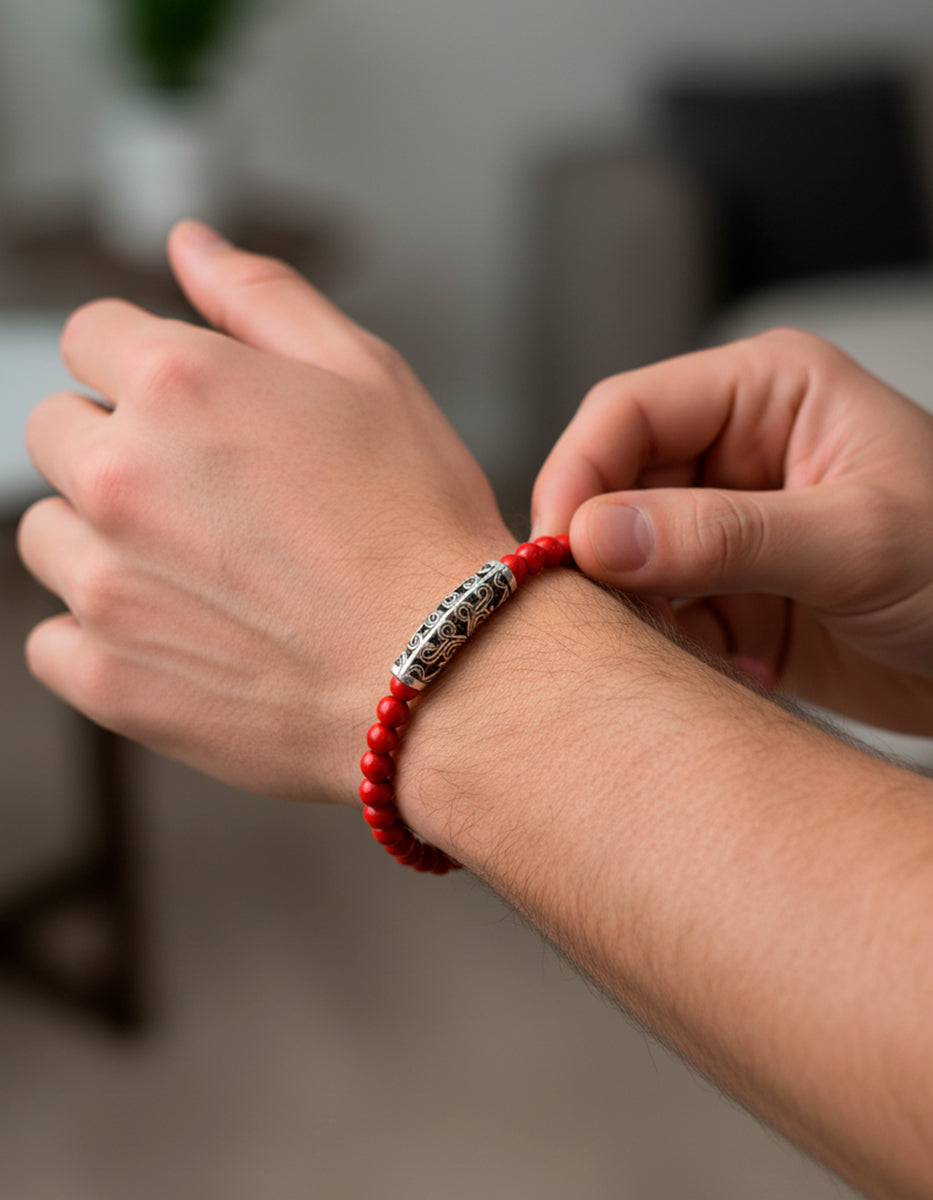 Pulsera de acero inoxidable plateado con ágata roja Nordic