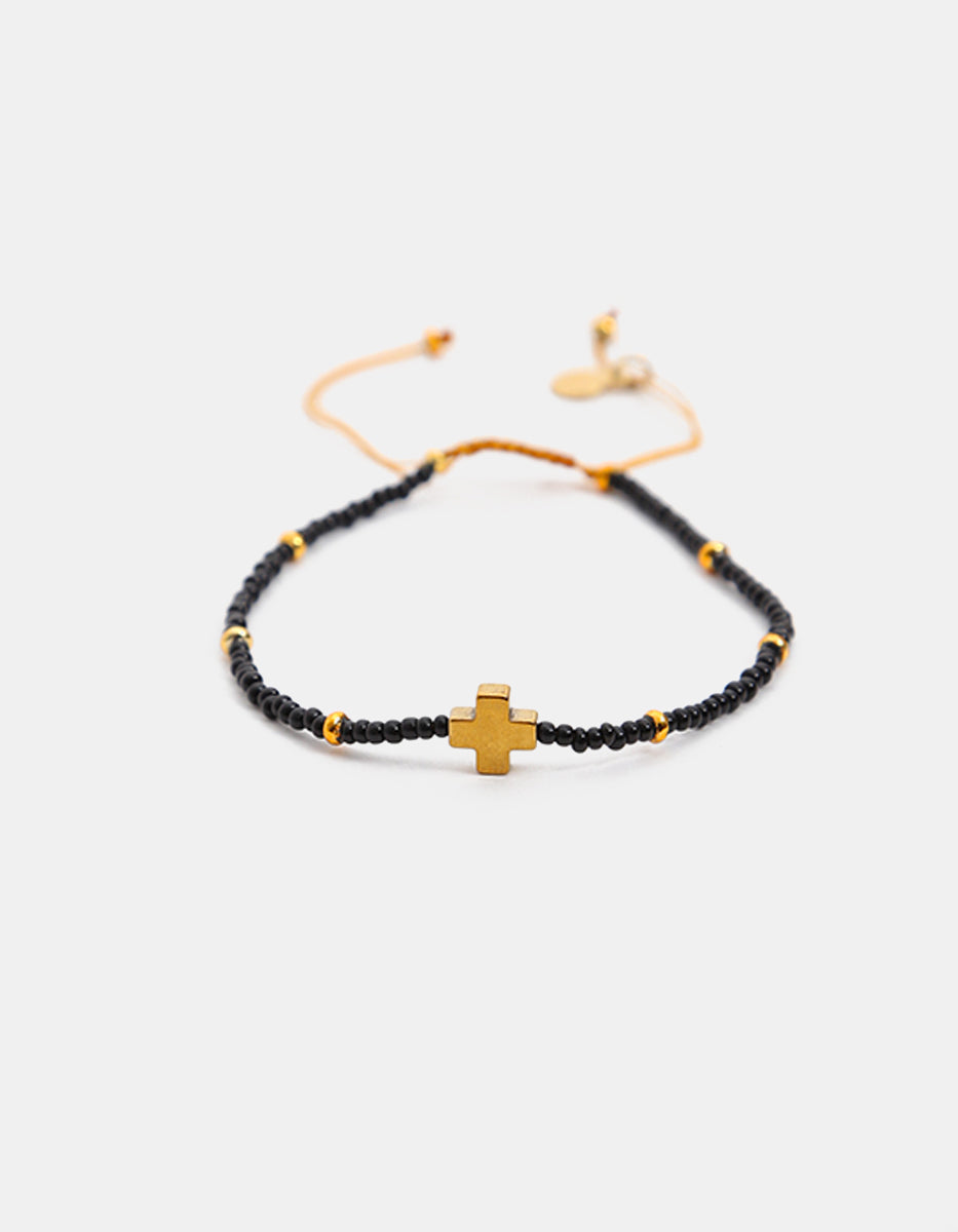 Pulsera de bronce en baño de oro 22 kt con cruz y ágata negra Nordic