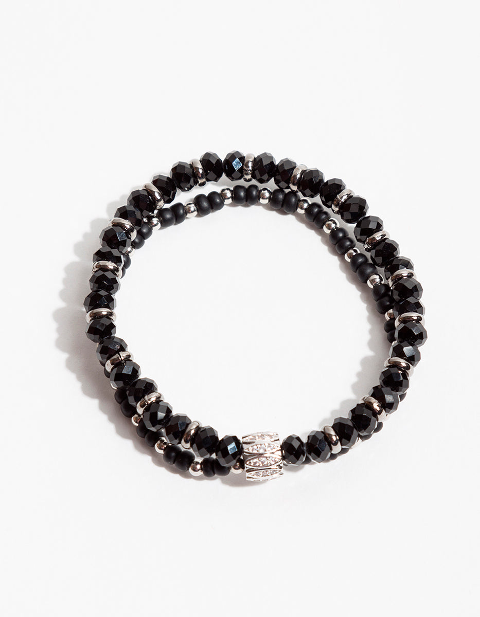 Pulsera de bronce en baño plateado dos hilos con cristal austriaco, ágata y espinolita Nordic