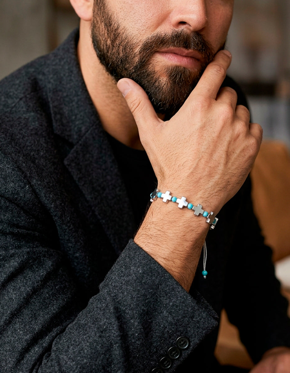 Pulsera hombre bronce plata .925 con cristal azul y cruz de hematita Nordic