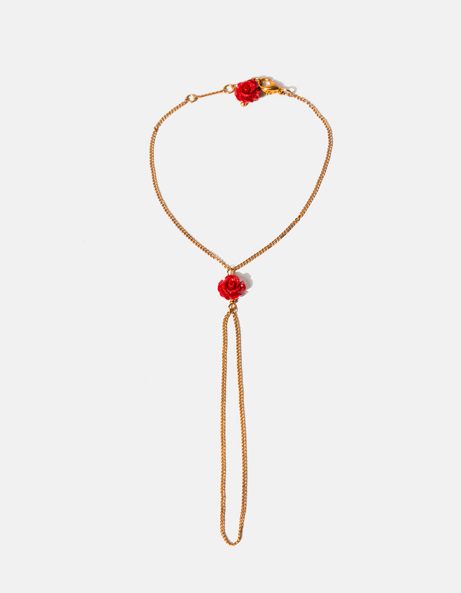 Pulsera de Cadena en Bronce con Baño de Oro 22kt y Rosas Talladas de Baquelita Roja By Daniel