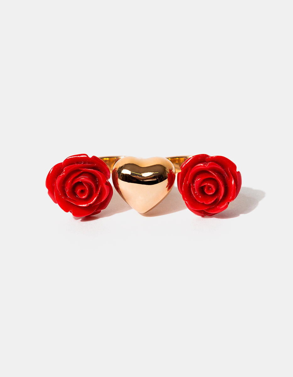 Anillo Doble Anilleta con Corazón en Bronce con Baño de Oro 22 kt y Rosas de Baquelita Roja Rock & Glam