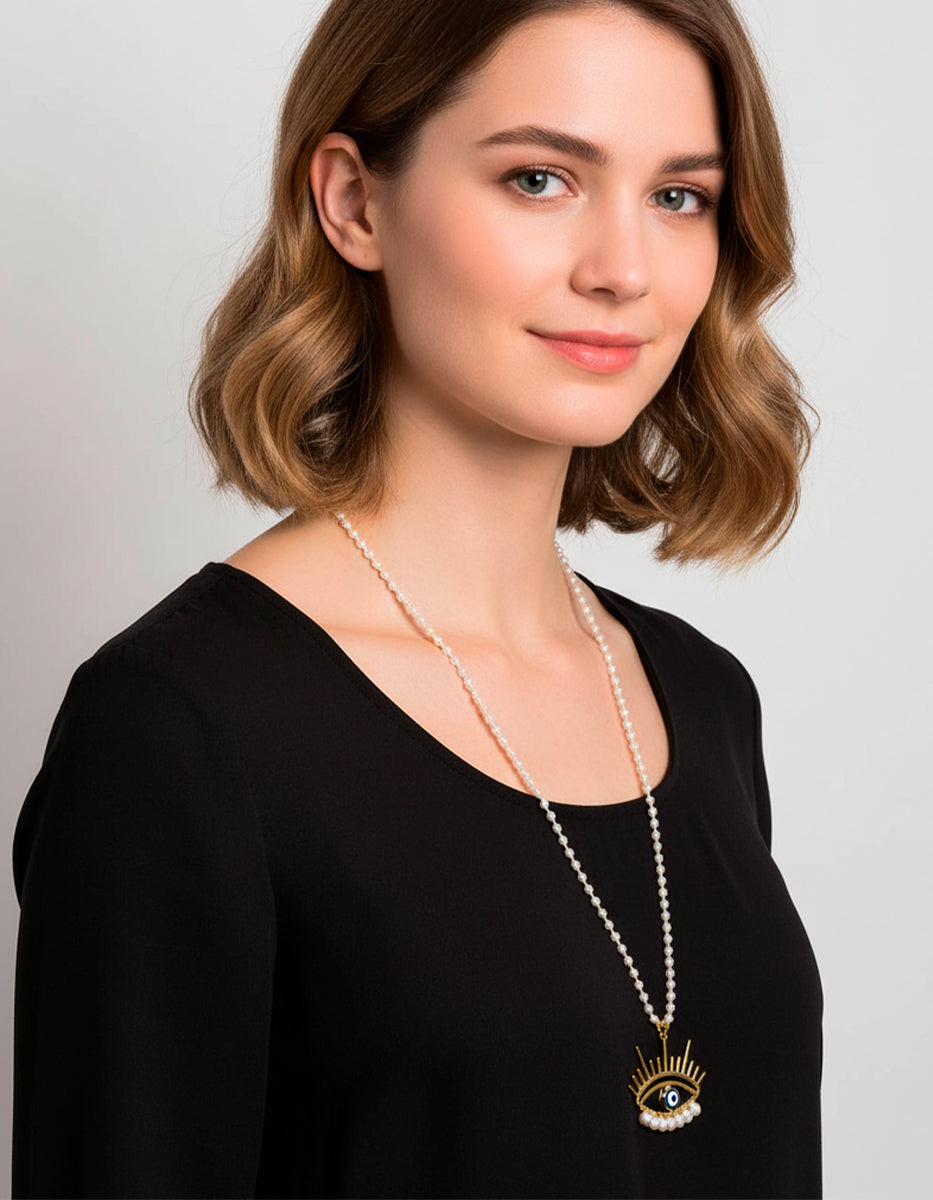 Collar en Bronce con Baño de Oro 22 kt, Dije Ojo Turco con Destellos y Perla Mabe See You