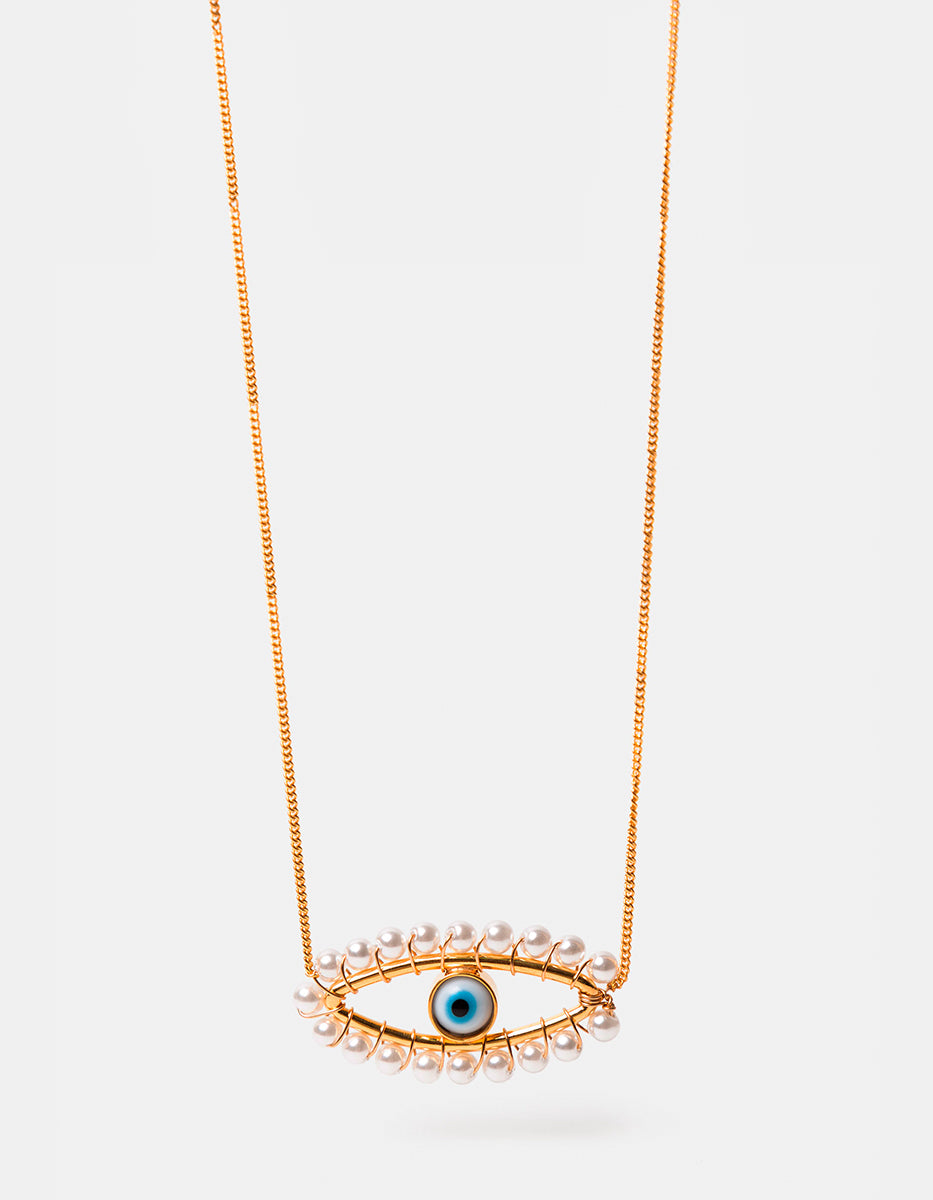 Collar con dije en forma de ojo turco azul con halo de perlas mabe Visión