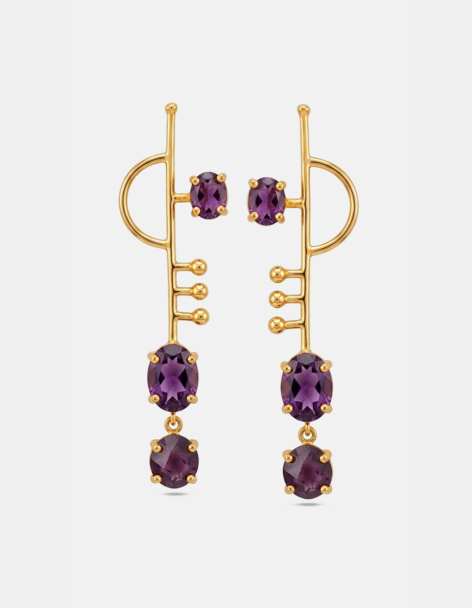 Aretes de bronce en baño de oro de 22kt con amatista corte óvalo