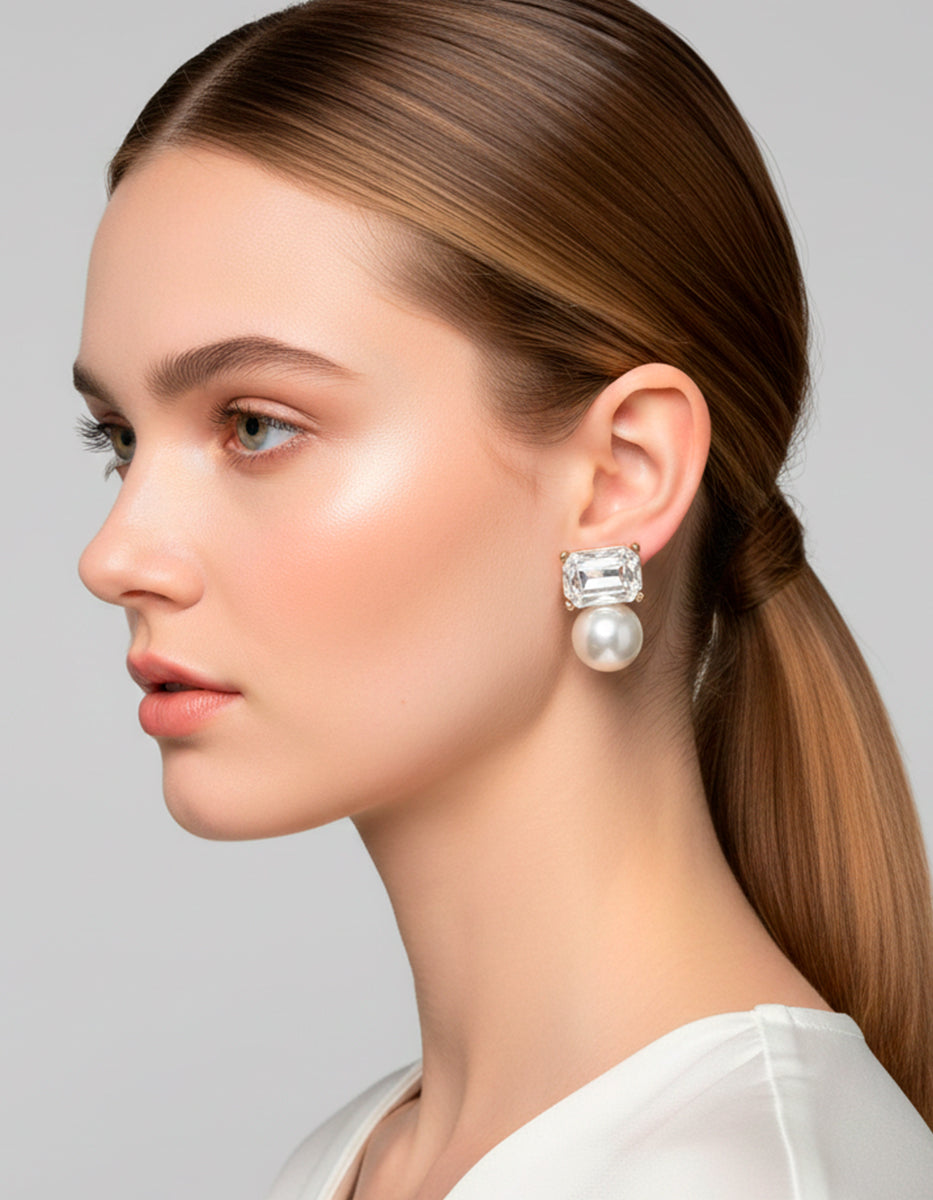 Aretes en topacio corte radiante con perla Mabe y baño de oro 22 kt Festive Style