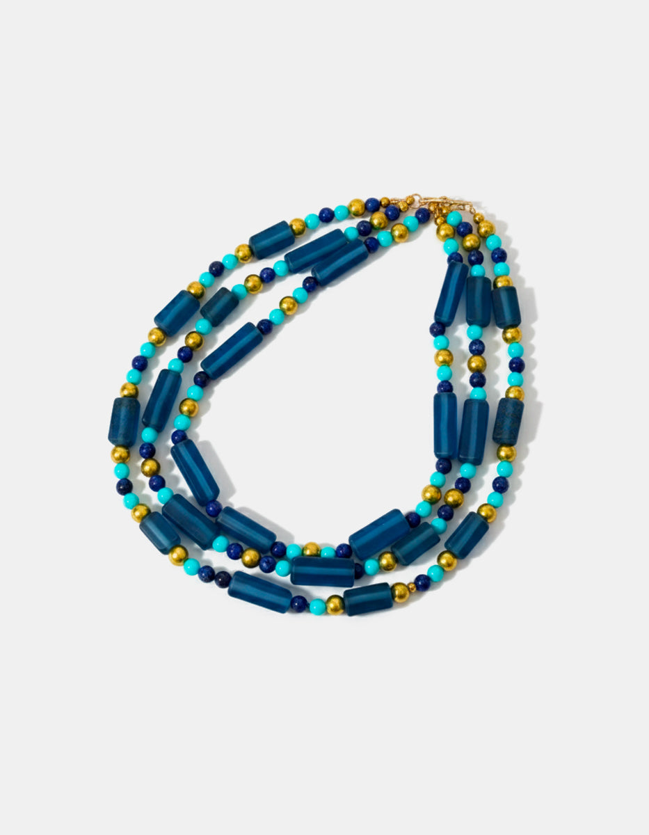 Collar en Bronce con Baño de Oro 22kt y Gema Turquesa Azul La Choca