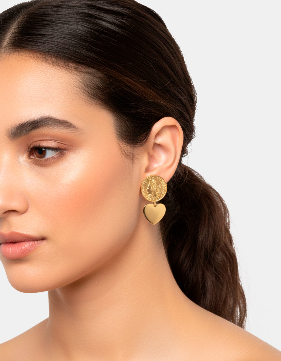 Aretes moneda auténtica corazón Memorias