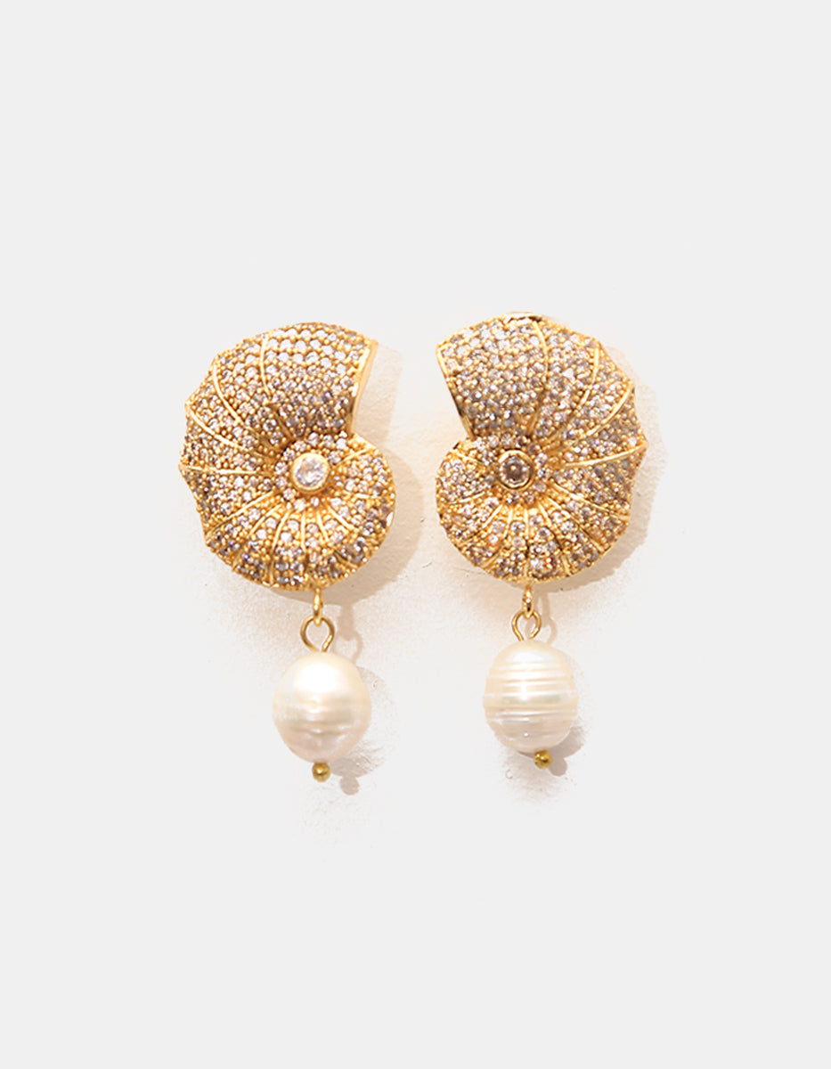Aretes en Bronce con Baño de Oro 22 kt con Espinolita y Perla Cultivada Flashy Moments