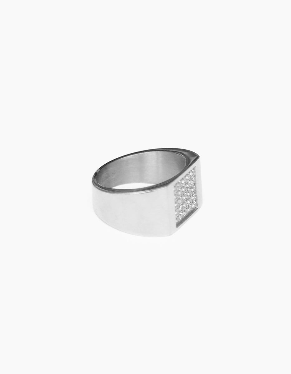 Anillo de acero inoxidable en baño de rodio con cuadro y espinolitas Talla 9 Nordic