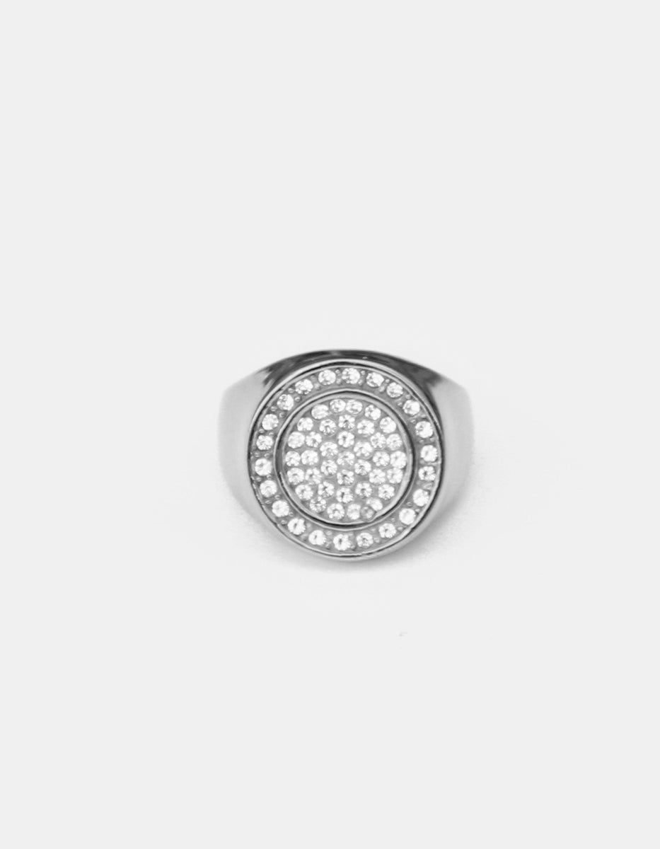 Anillo de acero inoxidable en baño de rodio con espinolitas en frente redondo Nordic