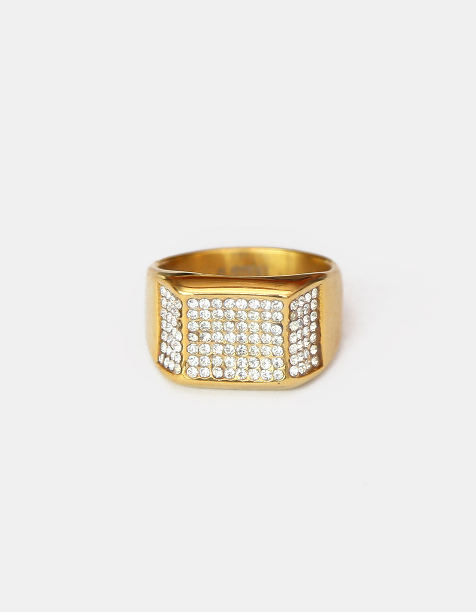 Anillo de acero en baño oro 22 kt con espinolitas cuadradas y laterales Talla 10.5 Nordic