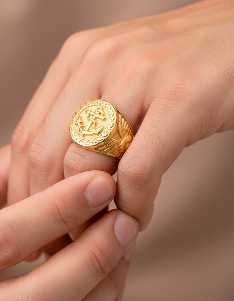 Anillo de acero en baño oro 22 kt con ancla Talla 7 Nordic