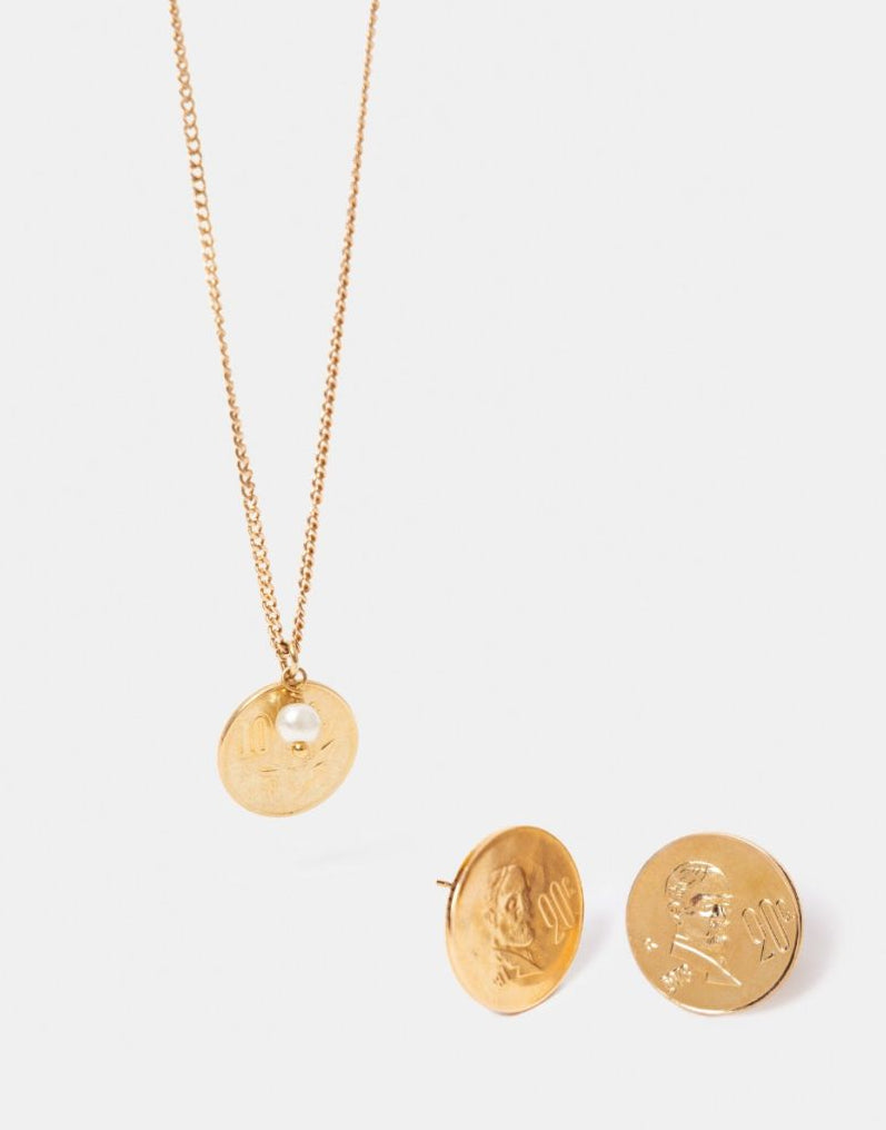 Collar con perla mabe y aretes con monedas
