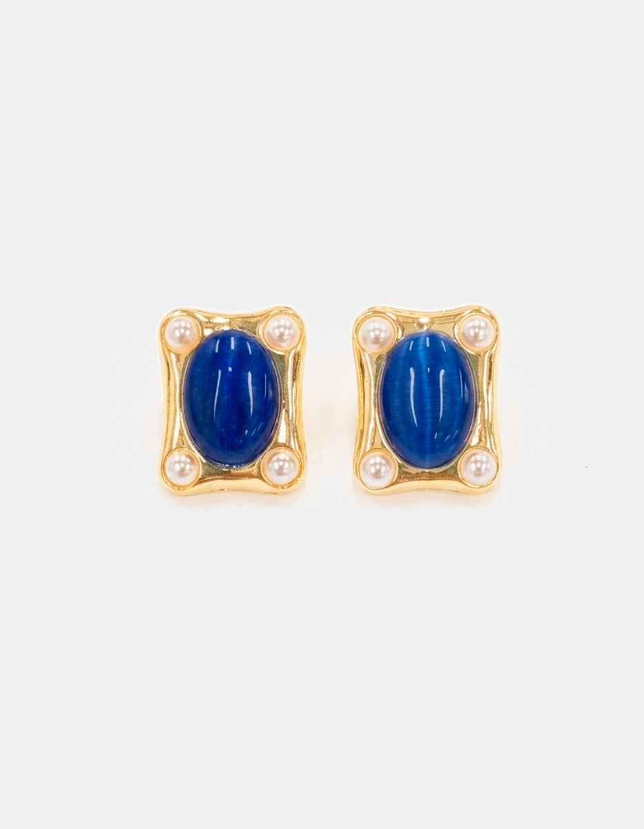 Aretes de bronce con baño de oro 22k con ágata azul rey y perla mabe