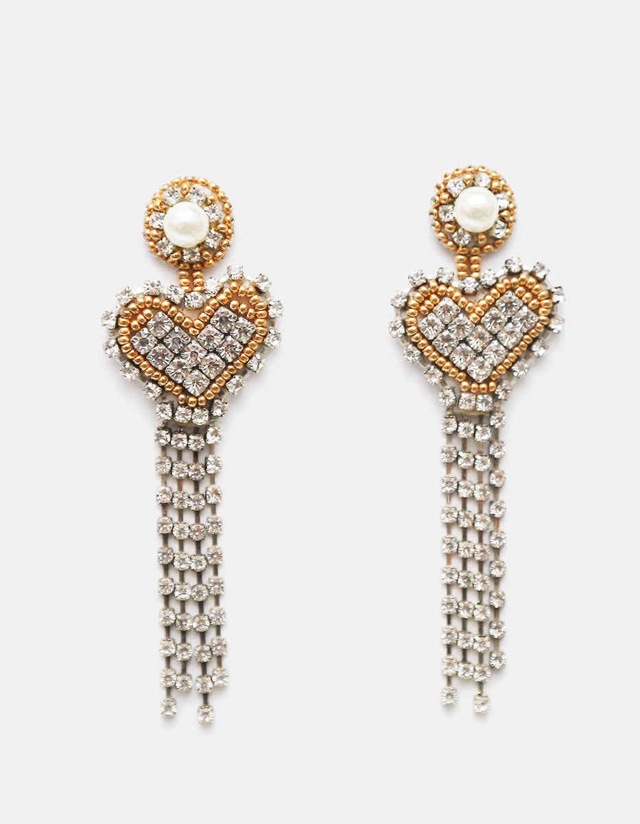 Aretes colgantes bordados de corazón con topacios blancos, perla y Gold-Filled