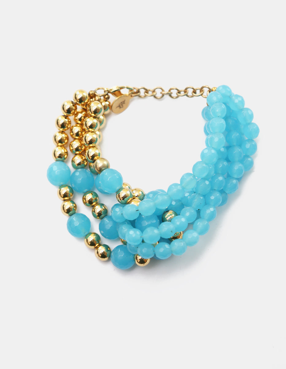 Pulsera Multihilo de Cuarzo Azul Aqua y Balines Dorados en Baño de Oro de 22kt