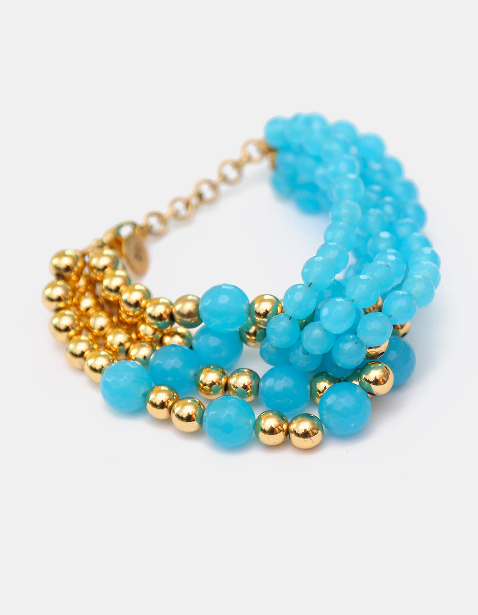 Pulsera Multihilo de Cuarzo Azul Aqua y Balines Dorados en Baño de Oro de 22kt