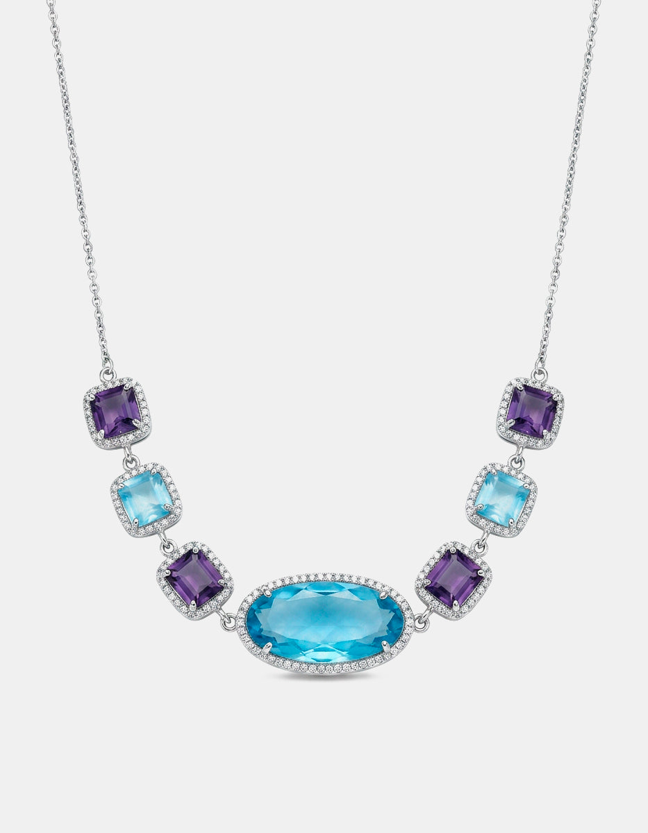 Collar en Baño de Platino con Cristal Ojo de Gato Azul, Amatista y Topacios Blancos