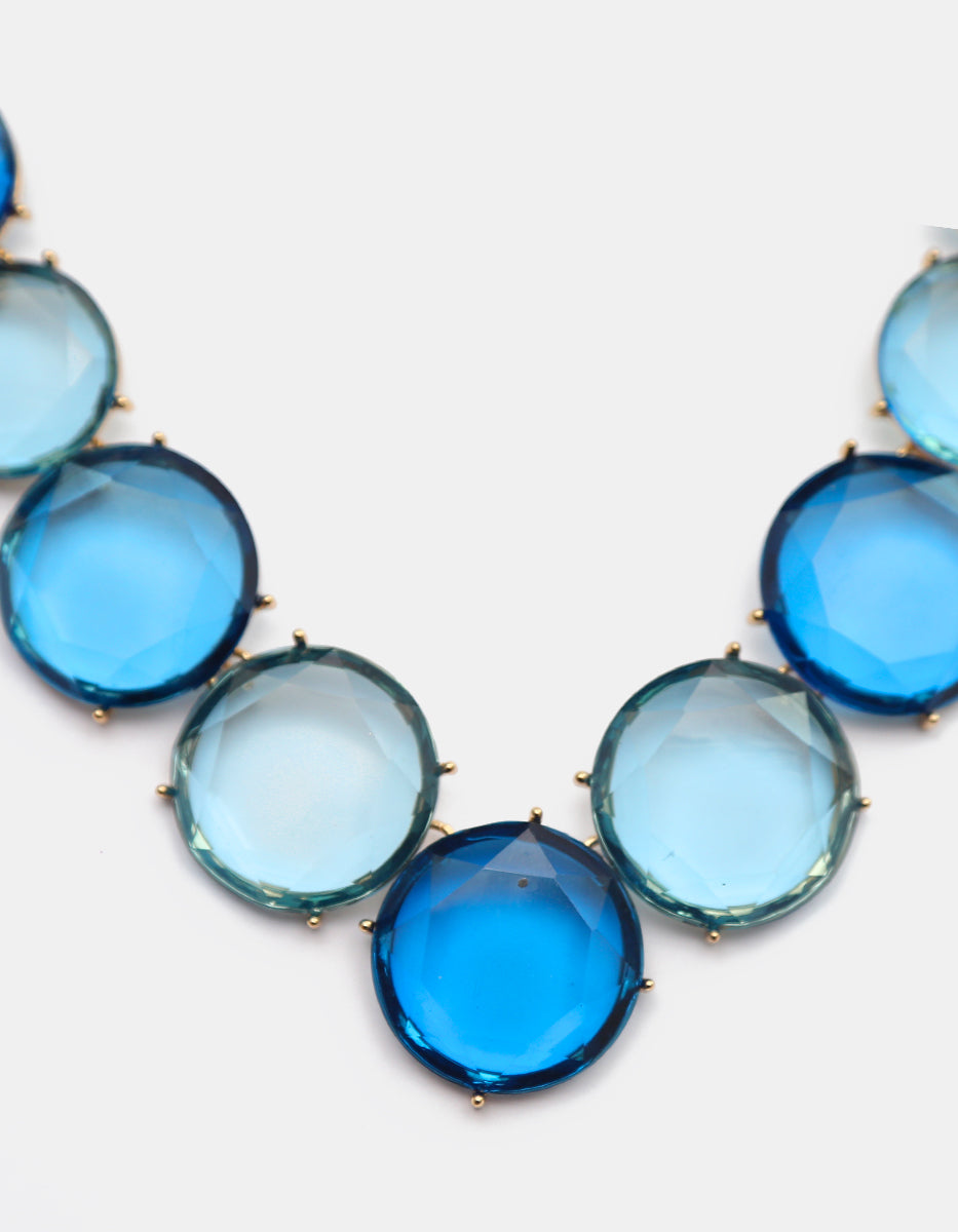 Collar bronce en baño de oro de 22kt con cristales austriacos en tonalidades azul mediterráneo