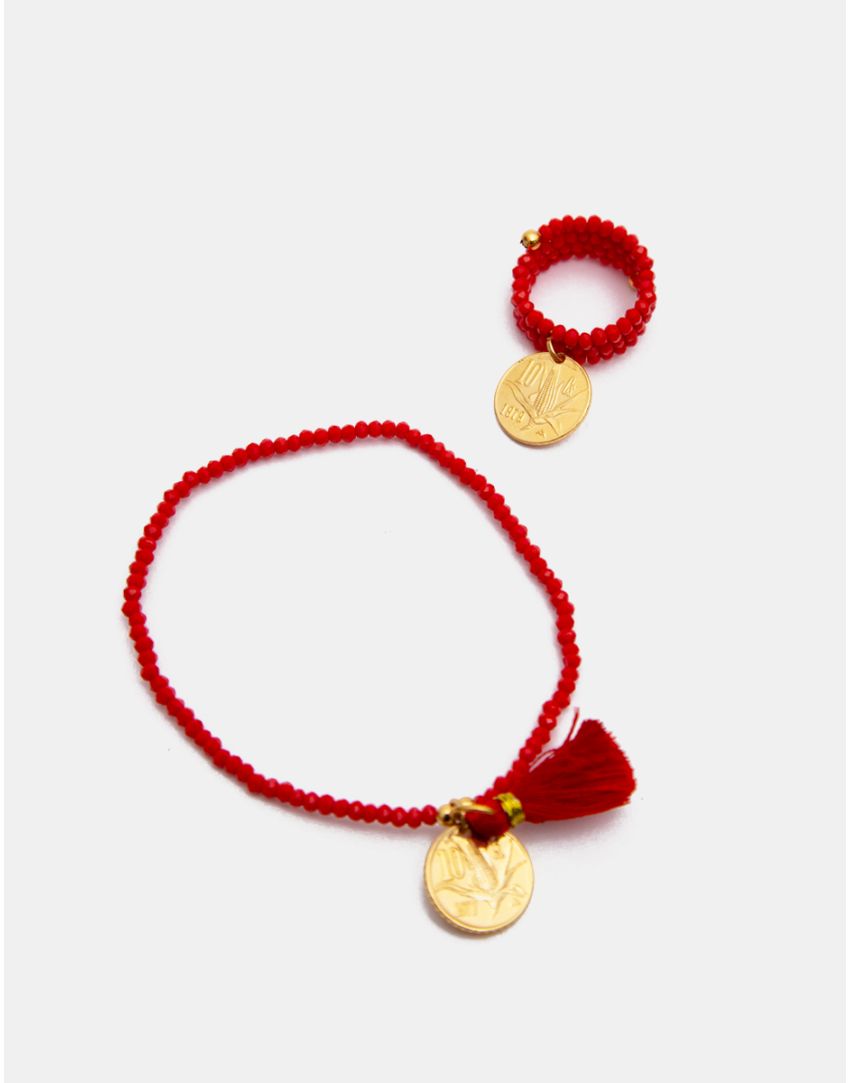 Pulsera y anillo con moneda color rojo