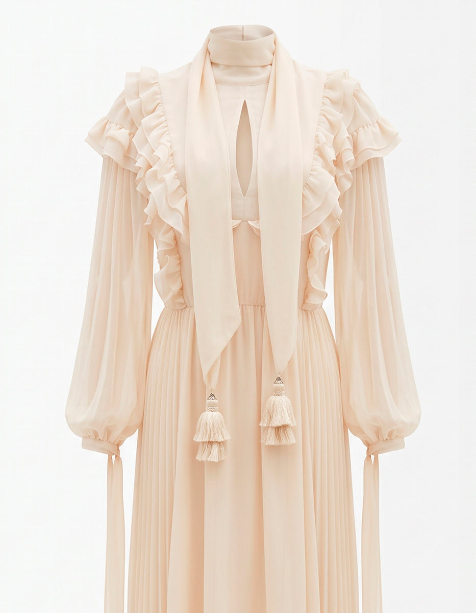 Vestido Largo de Gasa Marfil con Volantes, Lazo al Cuello y Borlas Decorativas