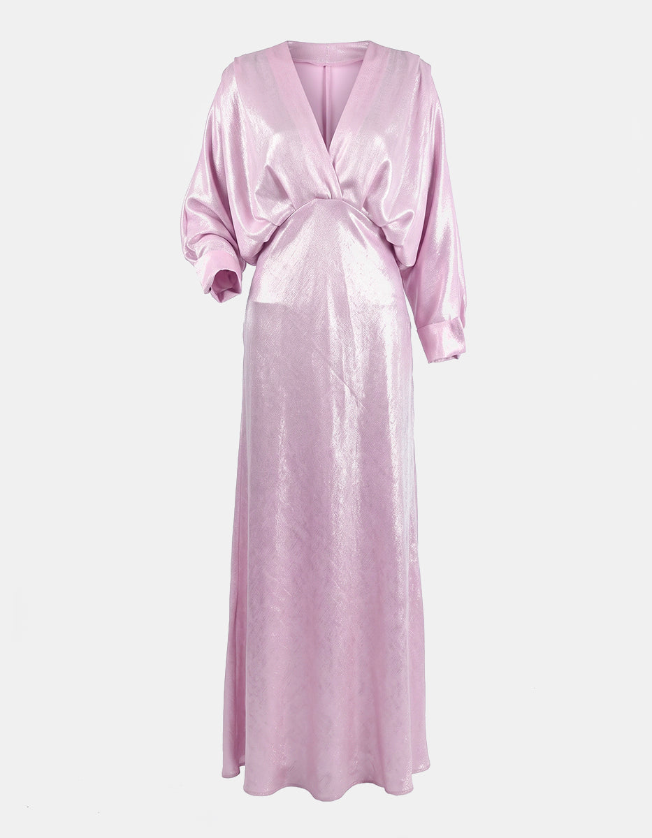 Vestido Largo de Noche Rosa Malva Metalizado con Escote en V y Dramáticas